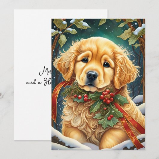 Golden Retriever Puppy Feestelijke Holly Feestdagenkaart (Voorkant / Achterkant)
