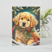 Golden Retriever Puppy Feestelijke Holly Feestdagenkaart (Staand voorkant)