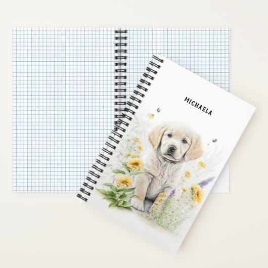 Golden Retriever Puppy Florals Monogram Naam Notitieboek (Binnen)