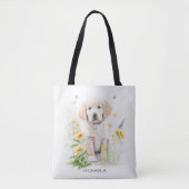 Golden Retriever Puppy Florals Monogram Naam Tote Bag (Voorkant)