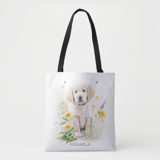 Golden Retriever Puppy Florals Monogram Naam Tote Bag (Voorkant)