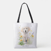 Golden Retriever Puppy Florals Monogram Naam Tote Bag (Achterkant)