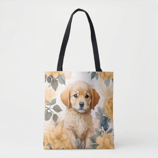 Golden Retriever Puppy gele bloemen Tote Bag (Voorkant)