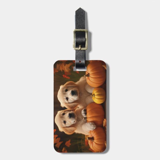 Golden Retriever Puppy Herfst Delight Pompoen Bagagelabel (Voorkant verticaal)