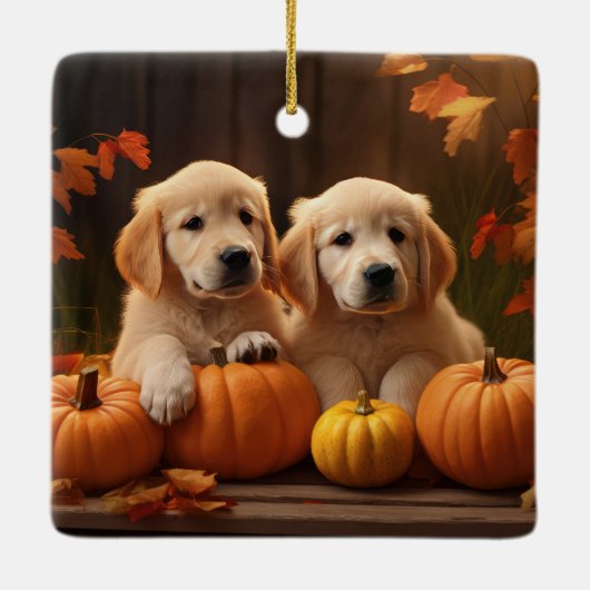 Golden Retriever Puppy Herfst Delight Pompoen Keramisch Ornament (Achterkant)