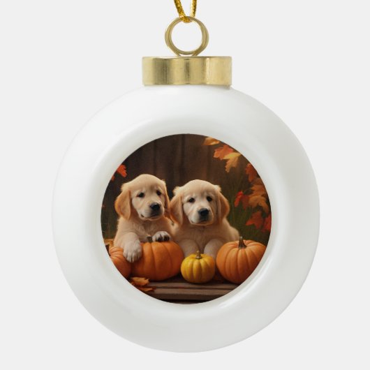 Golden Retriever Puppy Herfst Delight Pompoen Keramische Bal Ornament (Voorkant)