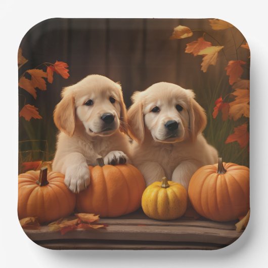 Golden Retriever Puppy Herfst Delight Pompoen Papieren Bordje (Voorkant)