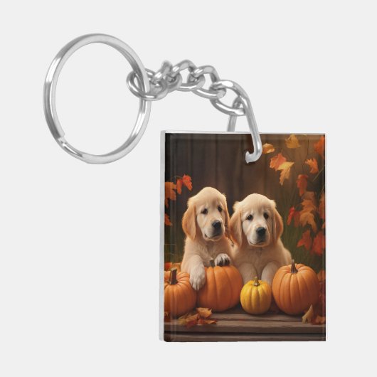 Golden Retriever Puppy Herfst Delight Pompoen Sleutelhanger (Voorkant Links)
