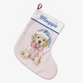 Golden Retriever Puppy in Blue Damask Santa Hat Grote Kerstsok (Voorkant (Hangend))