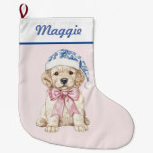 Golden Retriever Puppy in Blue Damask Santa Hat Grote Kerstsok (Voorkant)