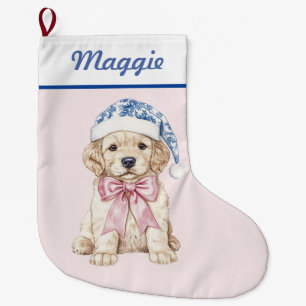 Golden Retriever Puppy in Blue Damask Santa Hat Grote Kerstsok