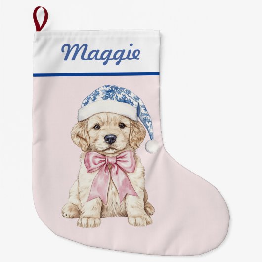 Golden Retriever Puppy in Blue Damask Santa Hat Grote Kerstsok (Voorkant)