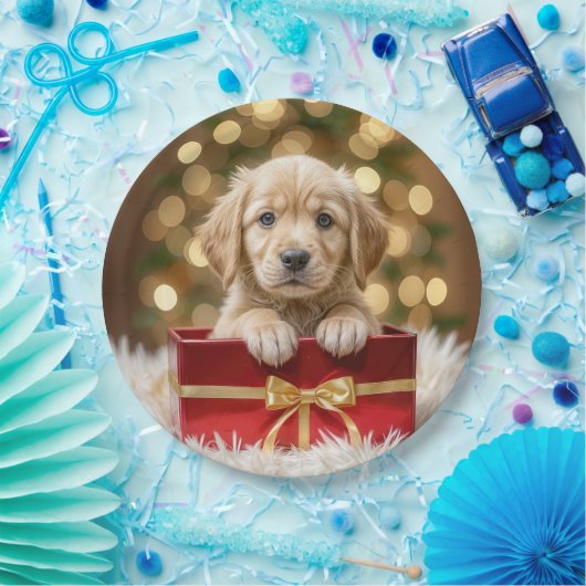 Golden Retriever Puppy in de kerstbox Papieren Bordje (Feest)