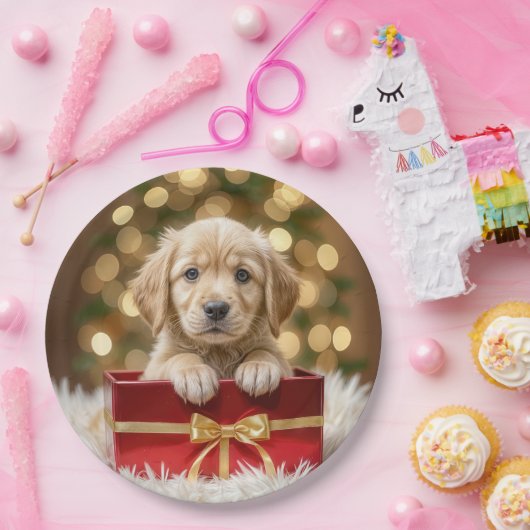 Golden Retriever Puppy in de kerstbox Papieren Bordje (Feest)