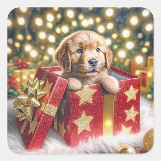 Golden Retriever Puppy in de kerstbox Vierkante Sticker (Voorkant)