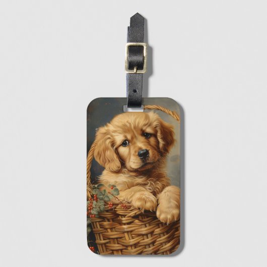 Golden Retriever Puppy in een mand Bagagelabel (Voorkant (verticaal))