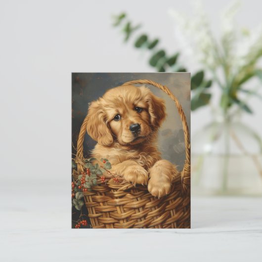 Golden Retriever Puppy in een mand Briefkaart (Staand voorkant)