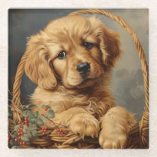 Golden Retriever Puppy in een mand Glazen Onderzetter (Voorkant)