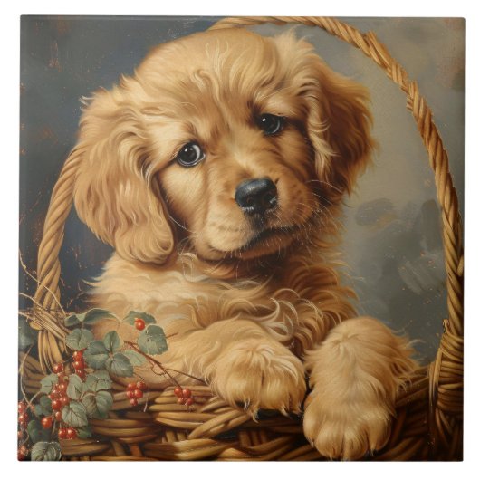 Golden Retriever Puppy in een mand Tegeltje (Voorkant)