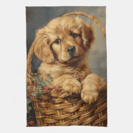 Golden Retriever Puppy in een mand Theedoek