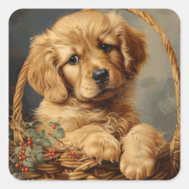 Golden Retriever Puppy in een mand Vierkante Sticker