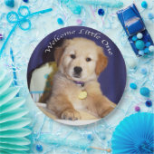 Golden Retriever Puppy in Highstoel Baby Welcome Papieren Bordje (Feest)
