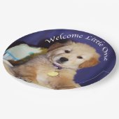 Golden Retriever Puppy in Highstoel Baby Welcome Papieren Bordje (Gekanteld)