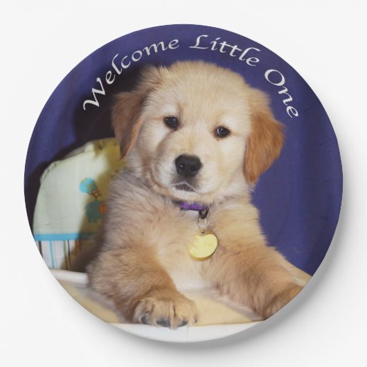 Golden Retriever Puppy in Highstoel Baby Welcome Papieren Bordje (Voorkant)