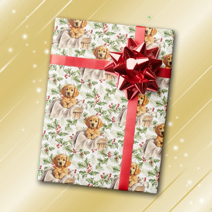 Golden Retriever Puppy in mand Kerst Holly Cadeaupapier