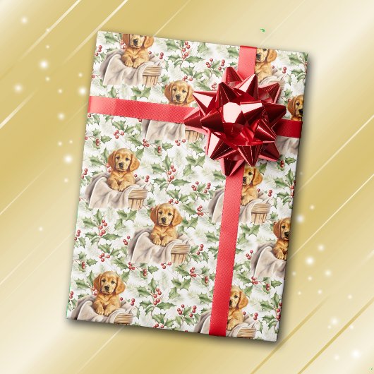 Golden Retriever Puppy in mand Kerst Holly Cadeaupapier