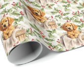 Golden Retriever Puppy in mand Kerst Holly Cadeaupapier (Rol Hoek)