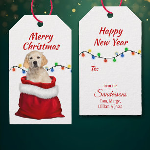 Golden Retriever Puppy in Santa Bag Cadeaulabel