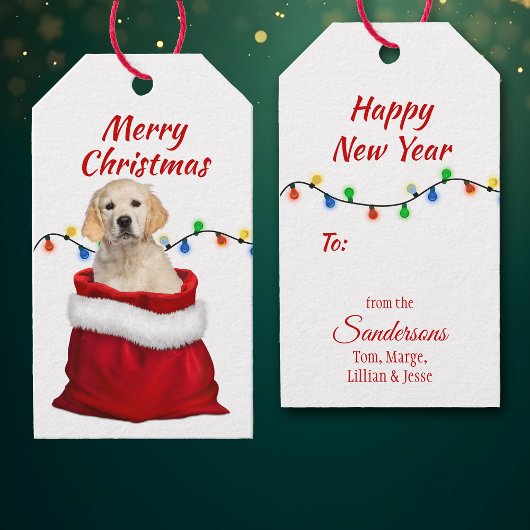 Golden Retriever Puppy in Santa Bag Cadeaulabel