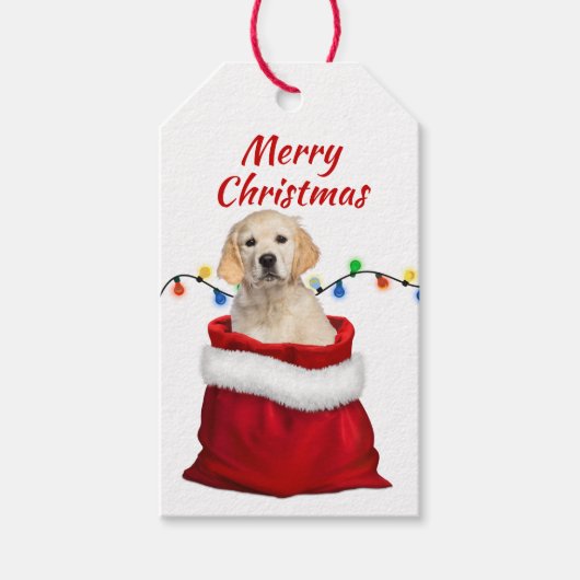 Golden Retriever Puppy in Santa Bag Cadeaulabel (Voorkant)