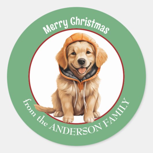 Golden Retriever Puppy in Winter Pet Kerst Ronde Sticker (Voorkant)