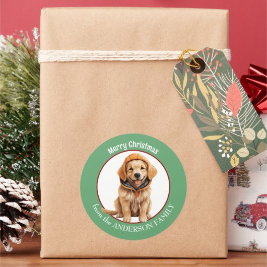 Golden Retriever Puppy in Winter Pet Kerst Ronde Sticker (Feestdagen)