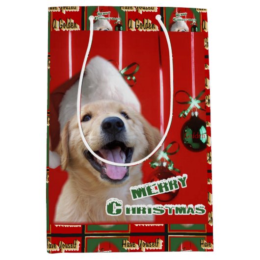Golden Retriever Puppy Kerstmis Medium Cadeauzakje (Voorkant)