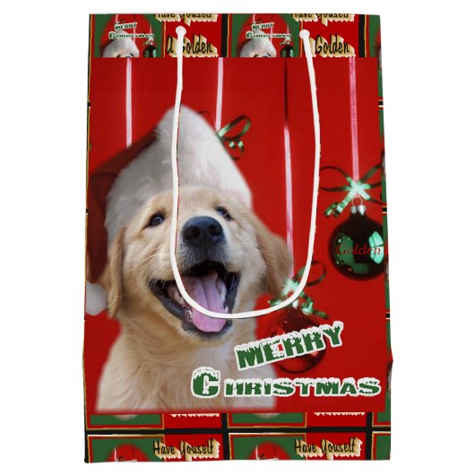 Golden Retriever Puppy Kerstmis Medium Cadeauzakje (Achterkant)