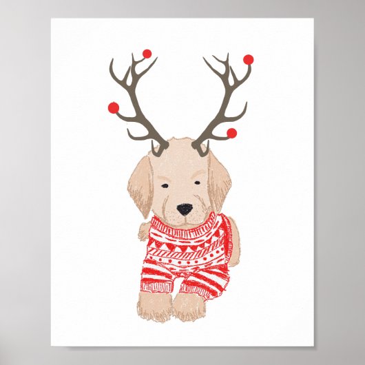 Golden Retriever Puppy KerstSweater Antlers Poster (Voorkant)