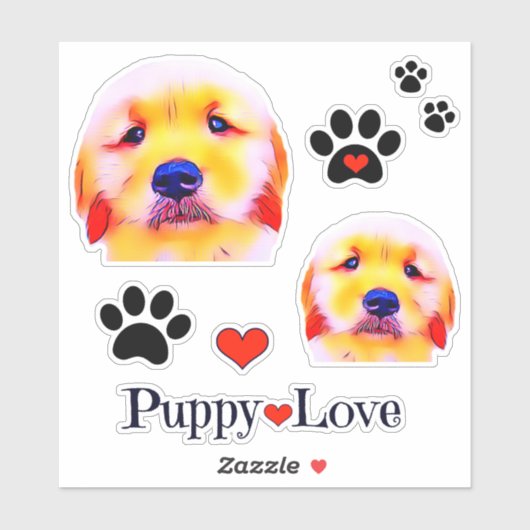 Golden Retriever Puppy Liefde en Pawprints Groep Sticker (Vel)