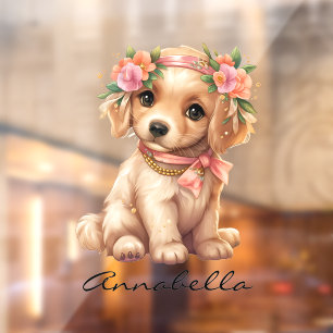 Golden Retriever Puppy met bloemen Aangepaste naam Raamsticker