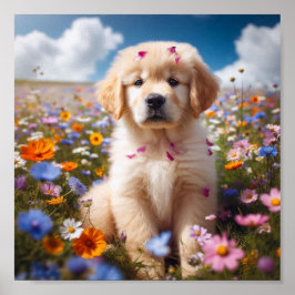 Golden Retriever puppy met bloemen Poster