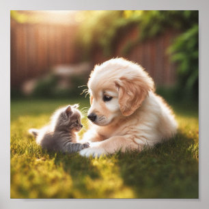 Golden Retriever puppy met kitten Poster