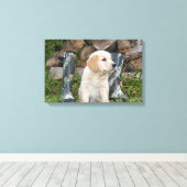 Golden Retriever Puppy met laarzen Canvas Afdruk (Insitu (Houten vloer))