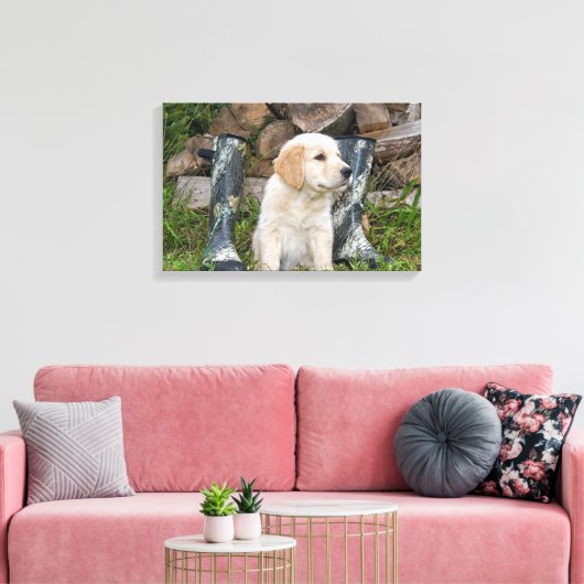 Golden Retriever Puppy met laarzen Canvas Afdruk (Insitu (Woonkamer))