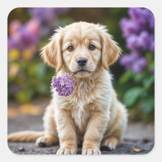 Golden Retriever puppy met lila's Vierkante Sticker (Voorkant)