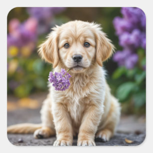 Golden Retriever puppy met lila's Vierkante Sticker