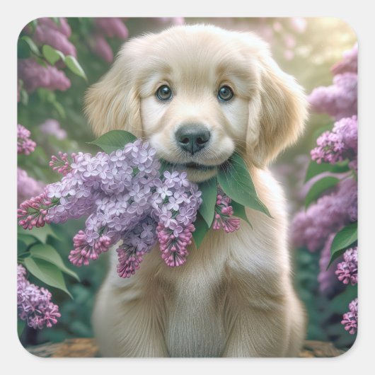 Golden Retriever puppy met lila's Vierkante Sticker (Voorkant)