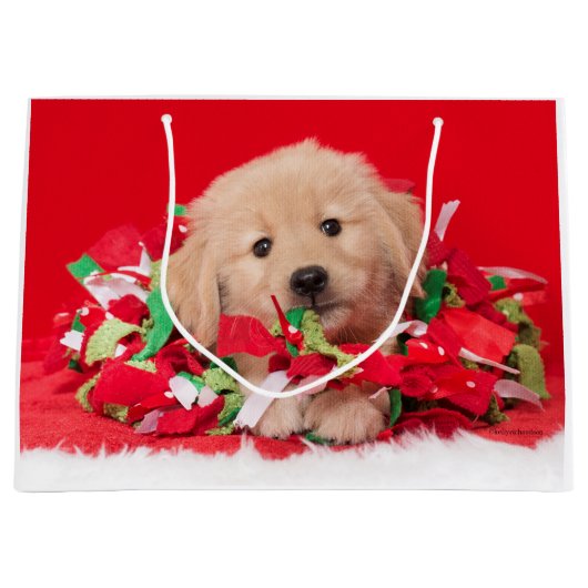 Golden Retriever Puppy Play in Holiday Garland Groot Cadeauzakje (Voorkant)