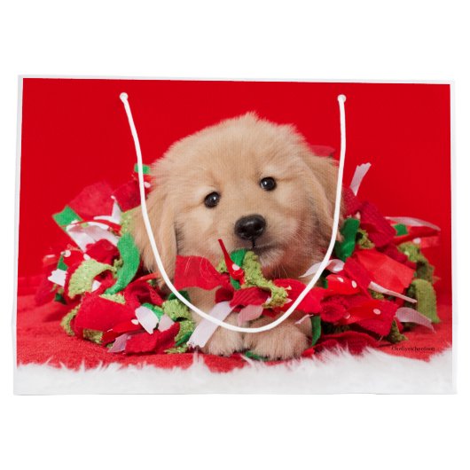 Golden Retriever Puppy Play in Holiday Garland Groot Cadeauzakje (Achterkant)